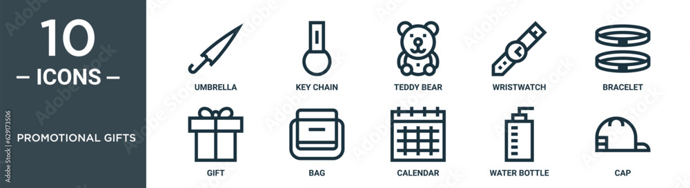 promotional gifts outline icon set includes thin line umbrella, key chain, teddy bear, wristwatch, bracelet, gift, bag icons for report, presentation, diagram, web design promotional gifts outline icon set includes thin line umbrella, key chain, teddy bear, wristwatch, bracelet, gift, bag icons for report, presentation, diagram, web design