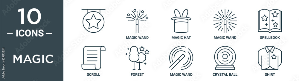 magic outline icon set includes thin line , magic wand, magic hat, wand, spellbook, scroll, forest icons for report, presentation, diagram, web design magic outline icon set includes thin line , magic wand, magic hat, wand, spellbook, scroll, forest icons for report, presentation, diagram, web design
