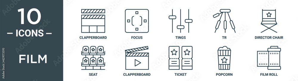 film outline icon set includes thin line clapperboard, focus, tings, tr, director chair, seat, clapperboard icons for report, presentation, diagram, web design film outline icon set includes thin line clapperboard, focus, tings, tr, director chair, seat, clapperboard icons for report, presentation, diagram, web design
