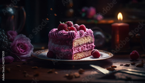 A piece of berry cake in a pink and vintage atmosphere for a romantic evening. Created with AI