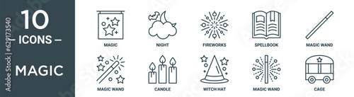 magic outline icon set includes thin line magic, night, fireworks, spellbook, magic wand, wand, candle icons for report, presentation, diagram, web design