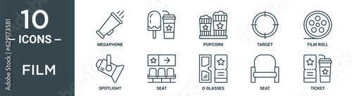 film outline icon set includes thin line megaphone, , popcorn, target, film roll, spotlight, seat icons for report, presentation, diagram, web design