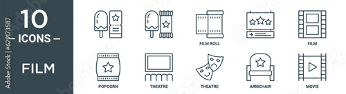 film outline icon set includes thin line , film roll, film, popcorn, theatre icons for report, presentation, diagram, web