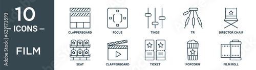 film outline icon set includes thin line clapperboard, focus, tings, tr, director chair, seat, clapperboard icons for report, presentation, diagram, web design