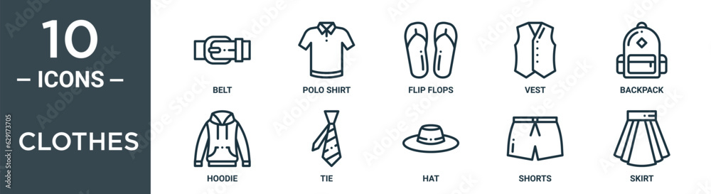 clothes outline icon set includes thin line belt, polo shirt, flip flops, vest, backpack, hoodie, tie icons for report, presentation, diagram, web design clothes outline icon set includes thin line belt, polo shirt, flip flops, vest, backpack, hoodie, tie icons for report, presentation, diagram, web design