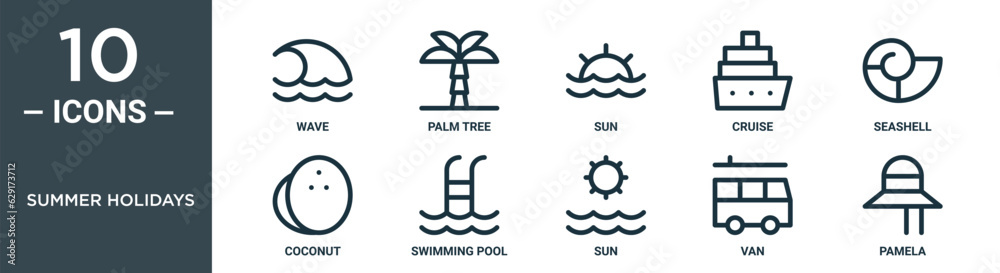 summer holidays outline icon set includes thin line wave, palm tree, sun, cruise, seashell, coconut, swimming pool icons for report, presentation, diagram, web design summer holidays outline icon set includes thin line wave, palm tree, sun, cruise, seashell, coconut, swimming pool icons for report, presentation, diagram, web design