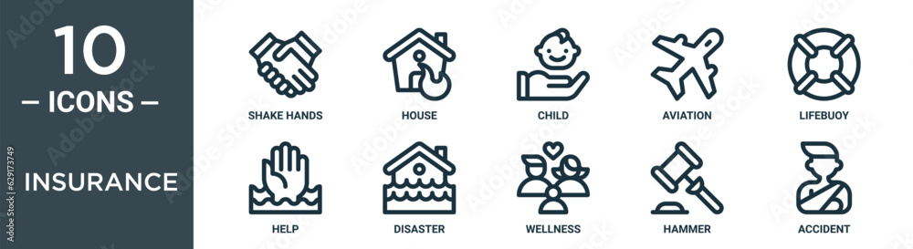 insurance outline icon set includes thin line shake hands, house, child, aviation, lifebuoy, help, disaster icons for report, presentation, diagram, web design insurance outline icon set includes thin line shake hands, house, child, aviation, lifebuoy, help, disaster icons for report, presentation, diagram, web design