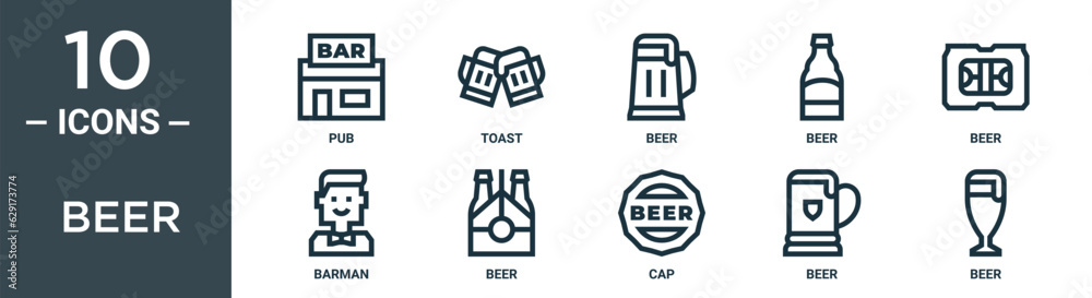 beer outline icon set includes thin line pub, toast, beer, beer, barman, icons for report, presentation, diagram, web design