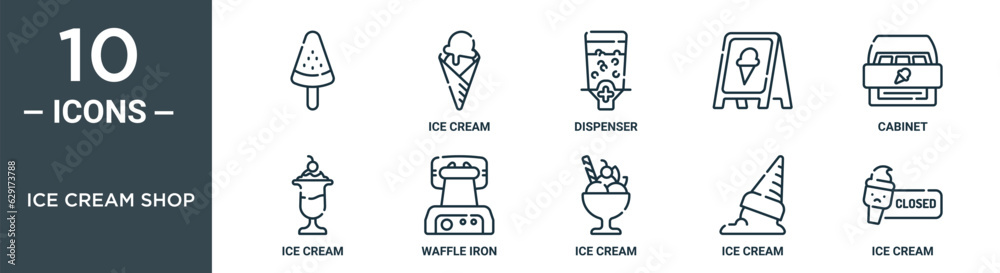 ice cream shop outline icon set includes thin line , ice cream, dispenser, cabinet, ice cream, waffle iron icons for report, presentation, diagram, web ice cream shop outline icon set includes thin line , ice cream, dispenser, cabinet, ice cream, waffle iron icons for report, presentation, diagram, web