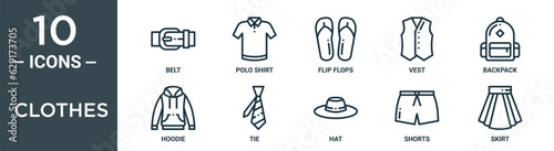 clothes outline icon set includes thin line belt, polo shirt, flip flops, vest, backpack, hoodie, tie icons for report, presentation, diagram, web design