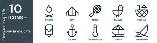 Fotografija summer holidays outline icon set includes thin line bonfire, tent, tennis, seagu