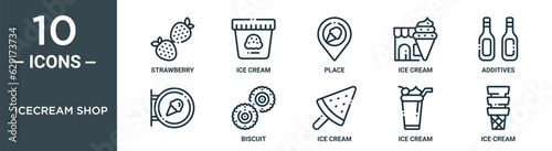 icecream shop outline icon set includes thin line strawberry, ice cream, place, ice cream, additives, , biscuit icons for report, presentation, diagram, web design