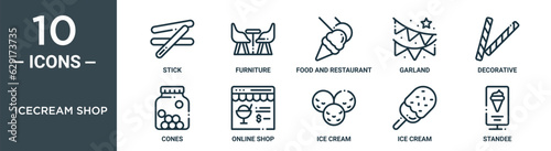 icecream shop outline icon set includes thin line stick, furniture, food and restaurant, garland, decorative, cones, online shop icons for report, presentation, diagram, web design