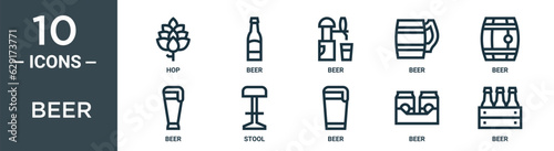 beer outline icon set includes thin line hop, beer, beer, stool icons for report, presentation, diagram, web design
