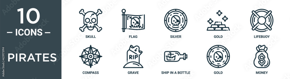 pirates outline icon set includes thin line skull, flag, silver, gold, lifebuoy, compass, grave icons for report, presentation, diagram, web design pirates outline icon set includes thin line skull, flag, silver, gold, lifebuoy, compass, grave icons for report, presentation, diagram, web design