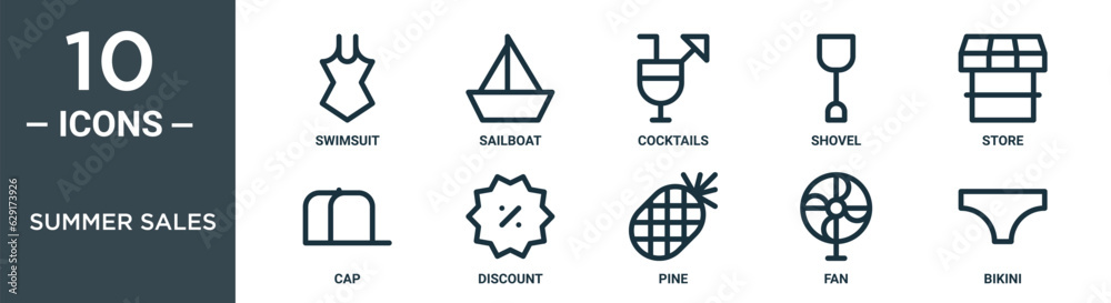 summer sales outline icon set includes thin line swimsuit, sailboat, cocktails, shovel, store, cap, discount icons for report, presentation, diagram, web design summer sales outline icon set includes thin line swimsuit, sailboat, cocktails, shovel, store, cap, discount icons for report, presentation, diagram, web design