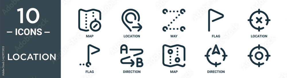 location outline icon set includes thin line map, location, way, flag, location, flag, direction icons for report, presentation, diagram, web design location outline icon set includes thin line map, location, way, flag, location, flag, direction icons for report, presentation, diagram, web design