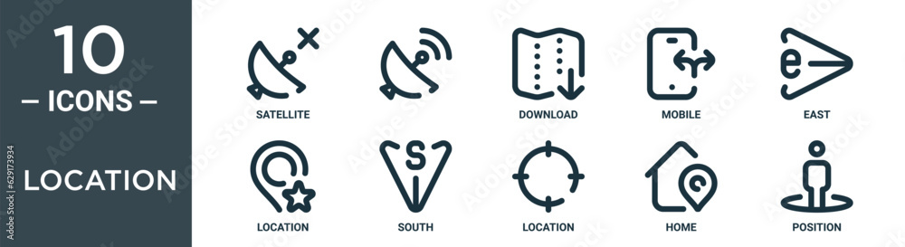 location outline icon set includes thin line satellite, , download, mobile, east, location, south icons for report, presentation, diagram, web design location outline icon set includes thin line satellite, , download, mobile, east, location, south icons for report, presentation, diagram, web design