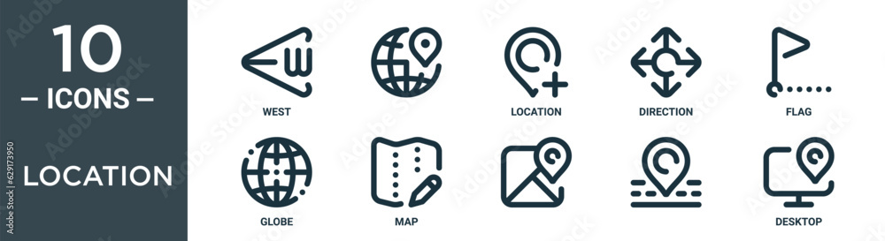 location outline icon set includes thin line west, , location, direction, flag, globe, map icons for report, presentation, diagram, web design