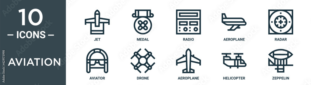aviation outline icon set includes thin line jet, medal, radio, aeroplane, radar, aviator, drone icons for report, presentation, diagram, web design aviation outline icon set includes thin line jet, medal, radio, aeroplane, radar, aviator, drone icons for report, presentation, diagram, web design