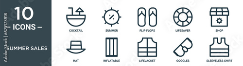 summer sales outline icon set includes thin line cocktail, summer, flip flops, lifesaver, shop, hat, inflatable icons for report, presentation, diagram, web design