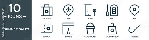 summer sales outline icon set includes thin line suitcase, pin, hotel, raft, pin, coupon, shorts icons for report, presentation, diagram, web design
