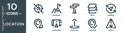 location outline icon set includes thin line , mountain, maps, compass, navigator icons for report, presentation, diagram, web