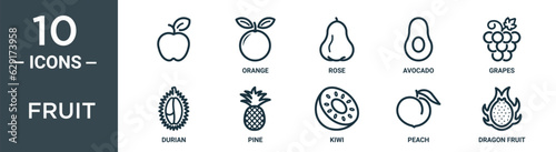 fruit outline icon set includes thin line , orange, rose, avocado, grapes, durian, pine icons for report, presentation, diagram, web design
