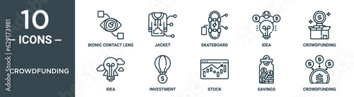 crowdfunding outline icon set includes thin line bionic contact lens, jacket, skateboard, idea, crowdfunding, idea, investment icons for report, presentation, diagram, web design