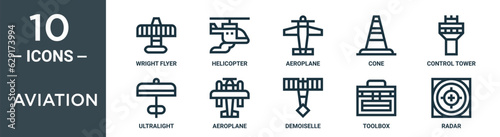aviation outline icon set includes thin line wright flyer, helicopter, aeroplane, cone, control tower, ultralight, aeroplane icons for report, presentation, diagram, web design