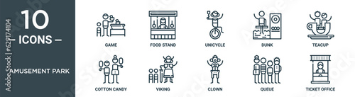 amusement park outline icon set includes thin line game, food stand, unicycle, dunk, teacup, cotton candy, viking icons for report, presentation, diagram, web design