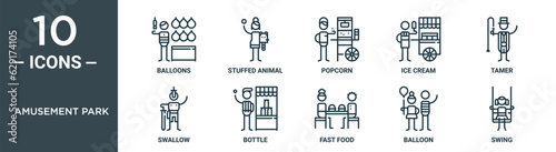 amusement park outline icon set includes thin line balloons, stuffed animal, popcorn, ice cream, tamer, swallow, bottle icons for report, presentation, diagram, web design