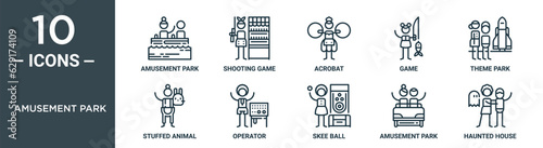 amusement park outline icon set includes thin line amusement park, shooting game, acrobat, game, theme park, stuffed animal, operator icons for report, presentation, diagram, web design