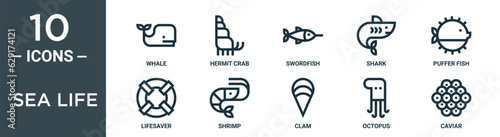 sea life outline icon set includes thin line whale, hermit crab, swordfish, shark, puffer fish, lifesaver, shrimp icons for report, presentation, diagram, web design
