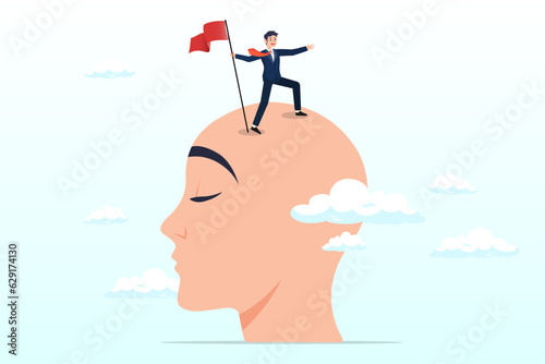 Success businessman climbing on top of his mind holding winning flag for business goal, success mindset, mentor or inspiration to succeed in work or business, growth and career development (Vector)