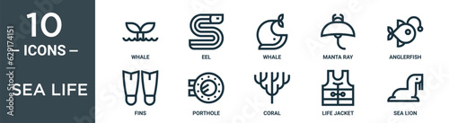 sea life outline icon set includes thin line whale, eel, whale, manta ray, anglerfish, fins, porthole icons for report, presentation, diagram, web design