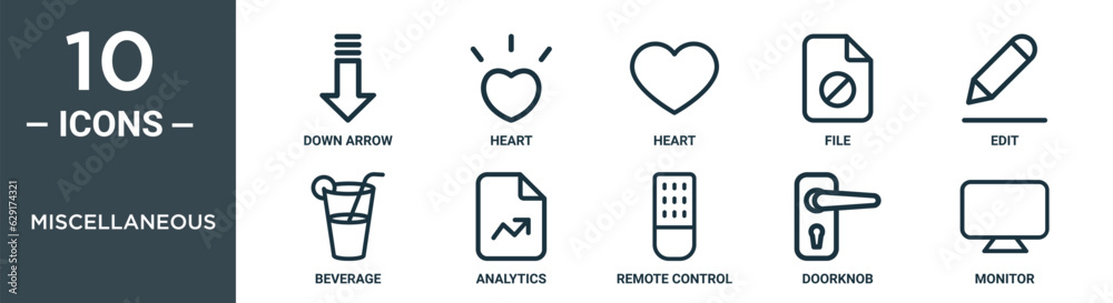 miscellaneous outline icon set includes thin line down arrow, heart, heart, file, edit, beverage, analytics icons for report, presentation, diagram, web design miscellaneous outline icon set includes thin line down arrow, heart, heart, file, edit, beverage, analytics icons for report, presentation, diagram, web design