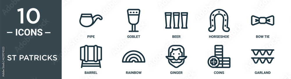 Obraz premium st patricks outline icon set includes thin line pipe, goblet, beer, horseshoe, bow tie, barrel, rainbow icons for report, presentation, diagram, web design