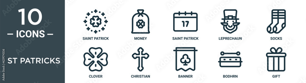 st patricks outline icon set includes thin line saint patrick, money, saint patrick, leprechaun, socks, clover, christian icons for report, presentation, diagram, web design