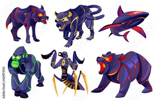 Cyborg animals. Futuristic dark metal fauna characters, robotic powerful beasts, mechanical shark, praying mantis and bear, gorilla with glowing eyes, wolf and angry cat, tidy vector set