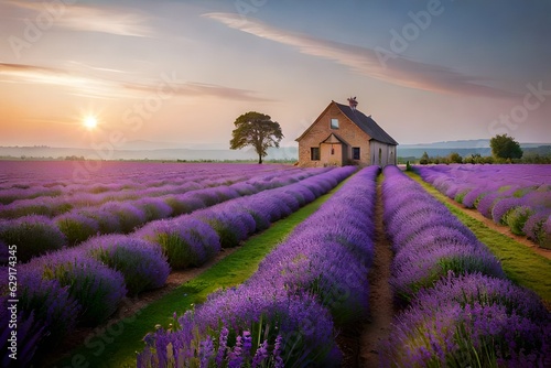 The beauty of a cottage in a field of purple flowers 