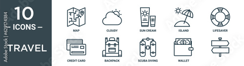 travel outline icon set includes thin line map, cloudy, sun cream, island, lifesaver, credit card, backpack icons for report, presentation, diagram, web design