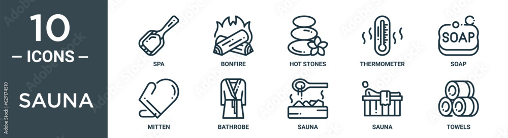 sauna outline icon set includes thin line spa, bonfire, hot stones, thermometer, soap, mitten, bathrobe icons for report, presentation, diagram, web design sauna outline icon set includes thin line spa, bonfire, hot stones, thermometer, soap, mitten, bathrobe icons for report, presentation, diagram, web design