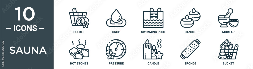 sauna outline icon set includes thin line bucket, drop, swimming pool, candle, mortar, hot stones, pressure icons for report, presentation, diagram, web design sauna outline icon set includes thin line bucket, drop, swimming pool, candle, mortar, hot stones, pressure icons for report, presentation, diagram, web design