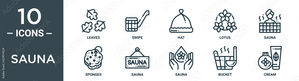 sauna outline icon set includes thin line leaves, swipe, hat, lotus, sauna, sponges, sauna icons for report, presentation, diagram, web design sauna outline icon set includes thin line leaves, swipe, hat, lotus, sauna, sponges, sauna icons for report, presentation, diagram, web design