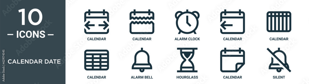 calendar date outline icon set includes thin line calendar, calendar, alarm clock, alarm bell icons for report, presentation, diagram, web design calendar date outline icon set includes thin line calendar, calendar, alarm clock, alarm bell icons for report, presentation, diagram, web design