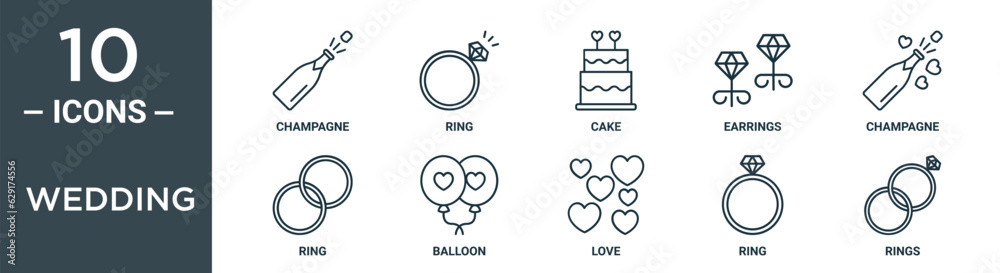wedding outline icon set includes thin line champagne, ring, cake, earrings, champagne, ring, balloon icons for report, presentation, diagram, web design wedding outline icon set includes thin line champagne, ring, cake, earrings, champagne, ring, balloon icons for report, presentation, diagram, web design