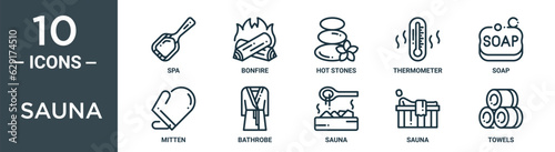 sauna outline icon set includes thin line spa, bonfire, hot stones, thermometer, soap, mitten, bathrobe icons for report, presentation, diagram, web design