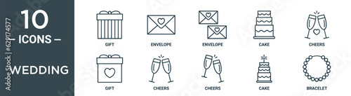 wedding outline icon set includes thin line gift, envelope, envelope, cake, cheers, gift, cheers icons for report, presentation, diagram, web design
