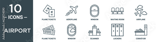 airport outline icon set includes thin line plane tickets, aeroplane, window, waiting room, airplane, plane tickets, window icons for report, presentation, diagram, web design
